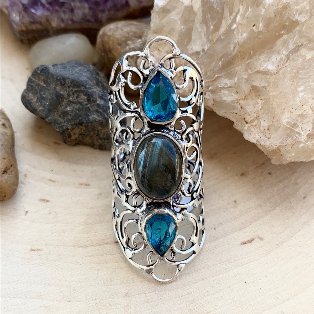 LABRADORITE & BLUE TOPAZ RING SIZE 10 - Picture 5 of 8